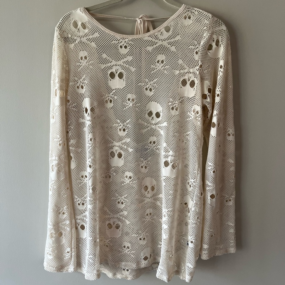 Royal Bones Ivory Skull Fishnet Mesh Long Sleeve Top Size L
